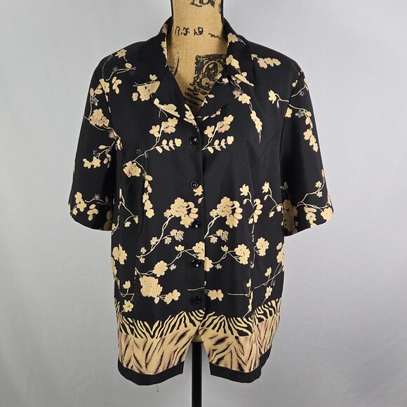 Joan Leslie Tops - Joan Leslie Woman 18W Floral Button‎ Up Blouse Black Beige Short Sleeve Top